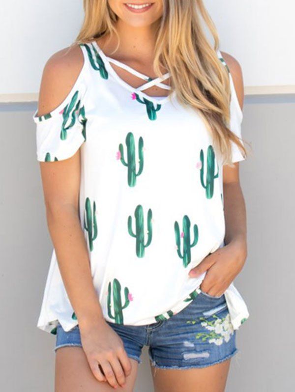 

Cold Shoulder Cactus Print Blouse, White