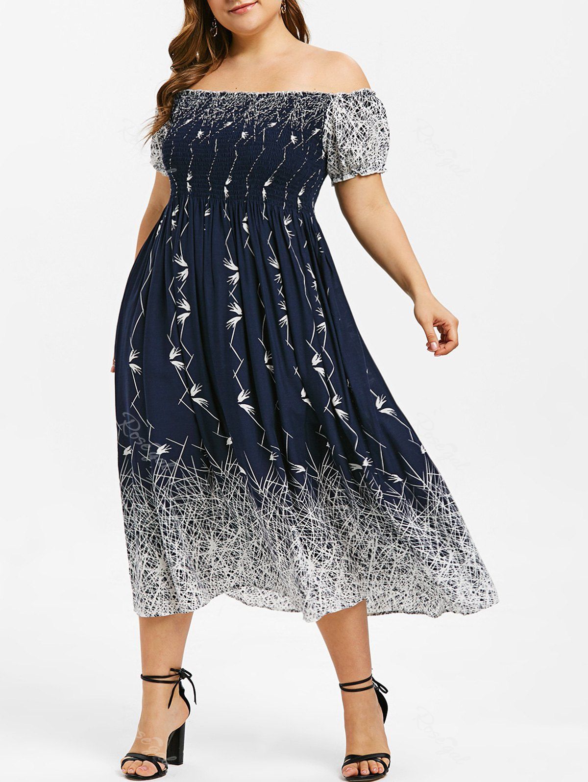 

Shirred Plus Size Printed A Line Dress, Midnight blue
