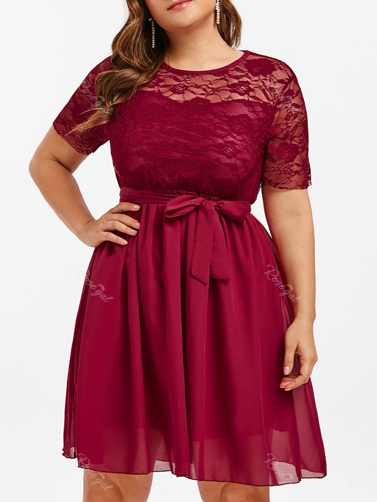 

Lace Panel Plus Size Knee Length Dress, Red wine
