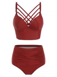 Criss Cross High Waist Bikini Set - RED WINE