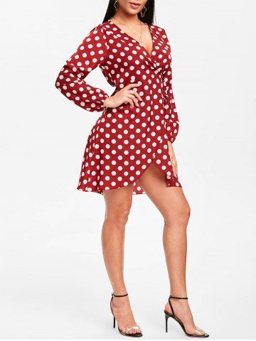 

Long Sleeve Polka Dot Print Wrap Dress, Red wine