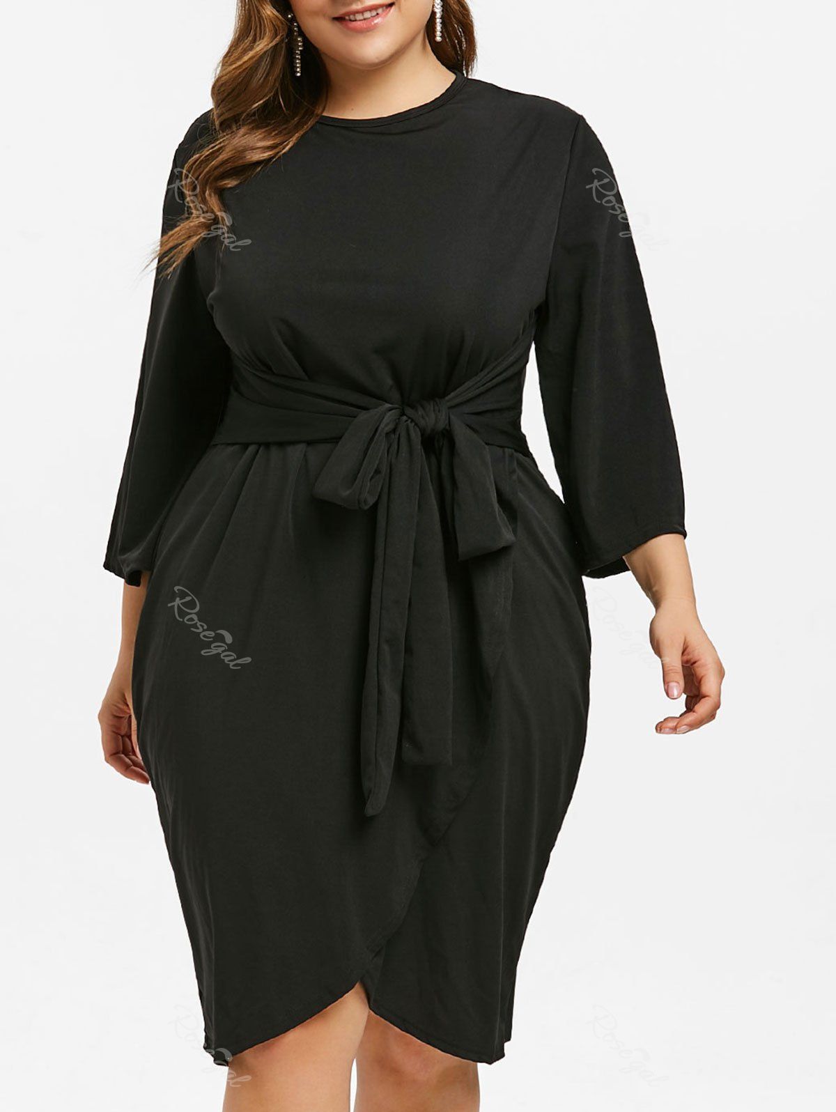 

Plus Size Front Tie Knee Length Dress, Black