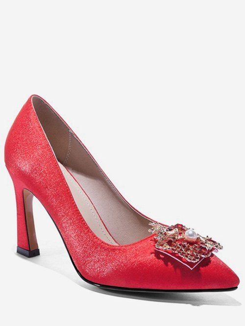 

Dragon Phoenix Buckle Satin Pumps, Red