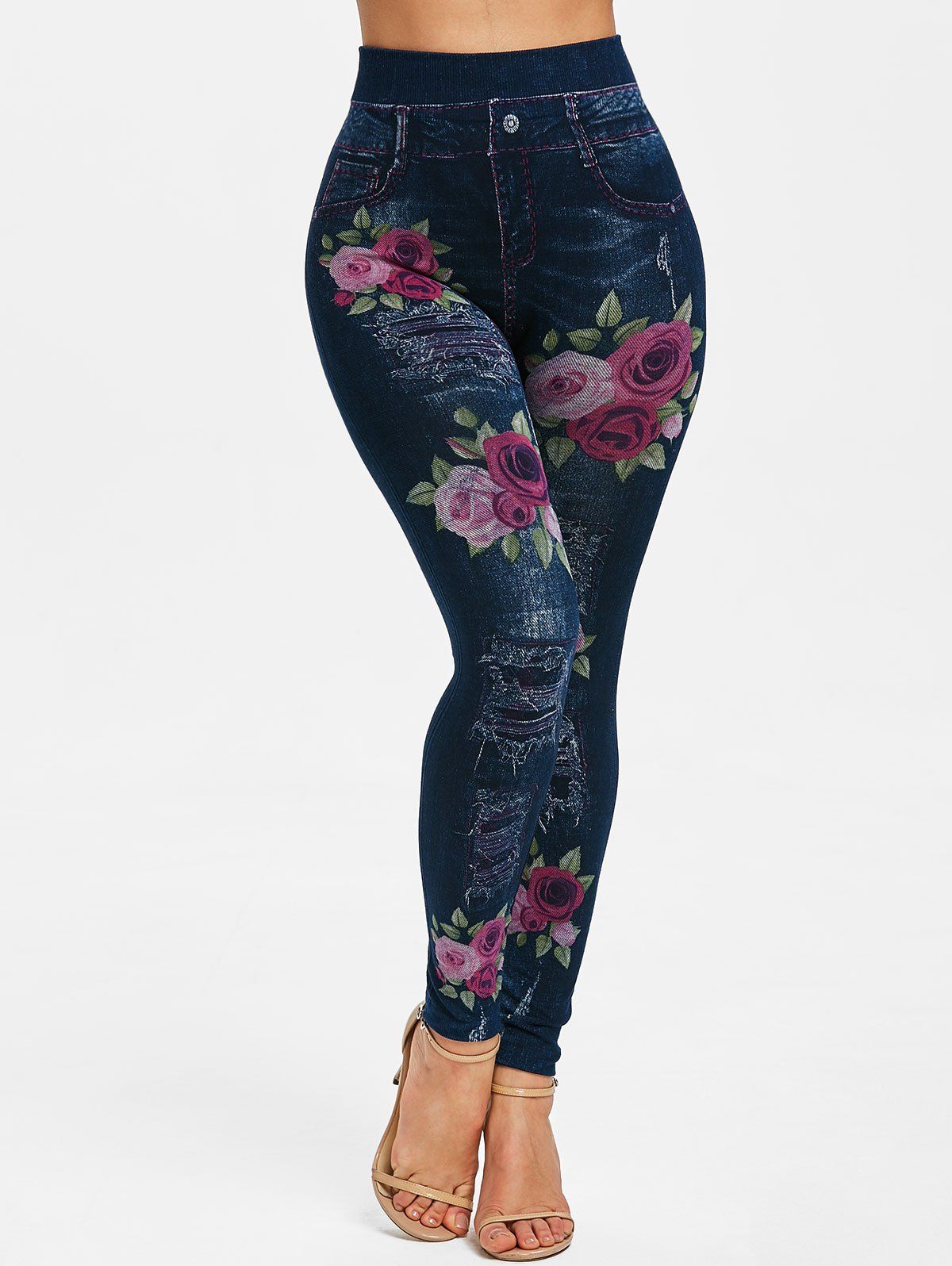 

Floral Print Skinny Faux Denim Pants, Multi