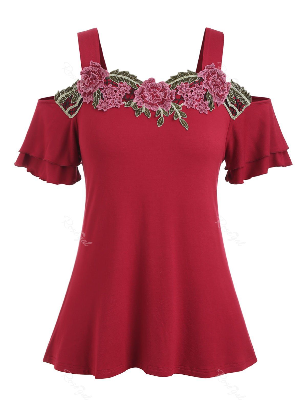 

Plus Size Embroidered Open Shoulder T Shirt, Red wine