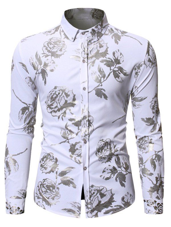 

Floral Gilding Decoration Long Sleeves Shirt, White