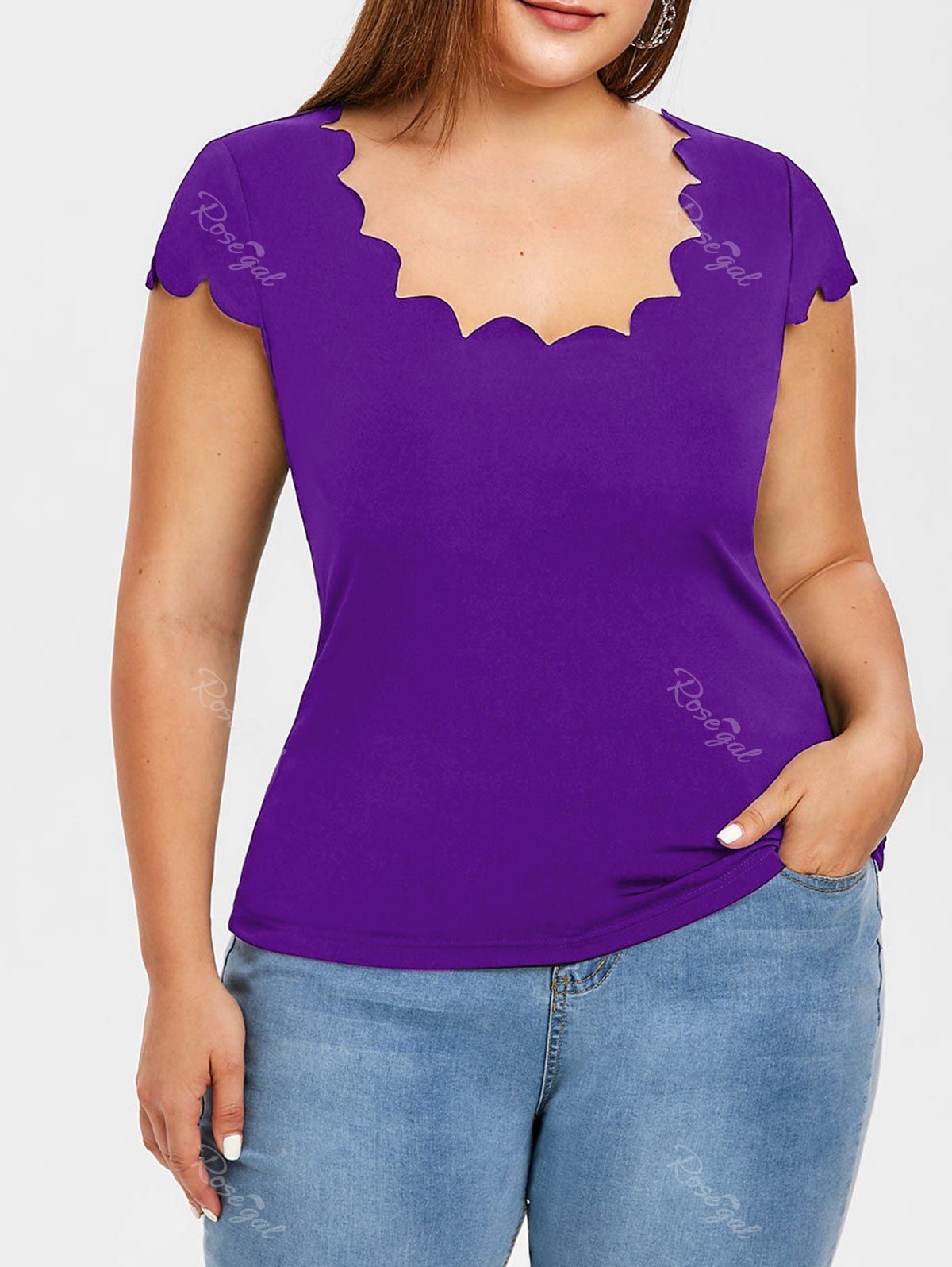 

Scalloped Trim Plus Size Scoop Neck T-shirt, Purple flower