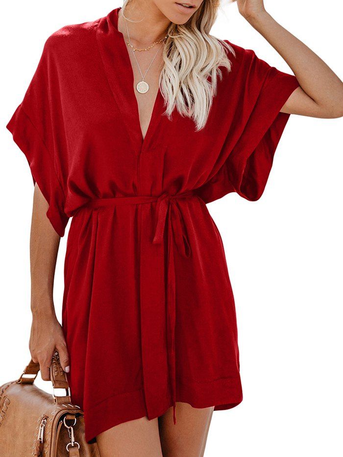 

Surplice Mini Belted Shirt Dress, Red wine