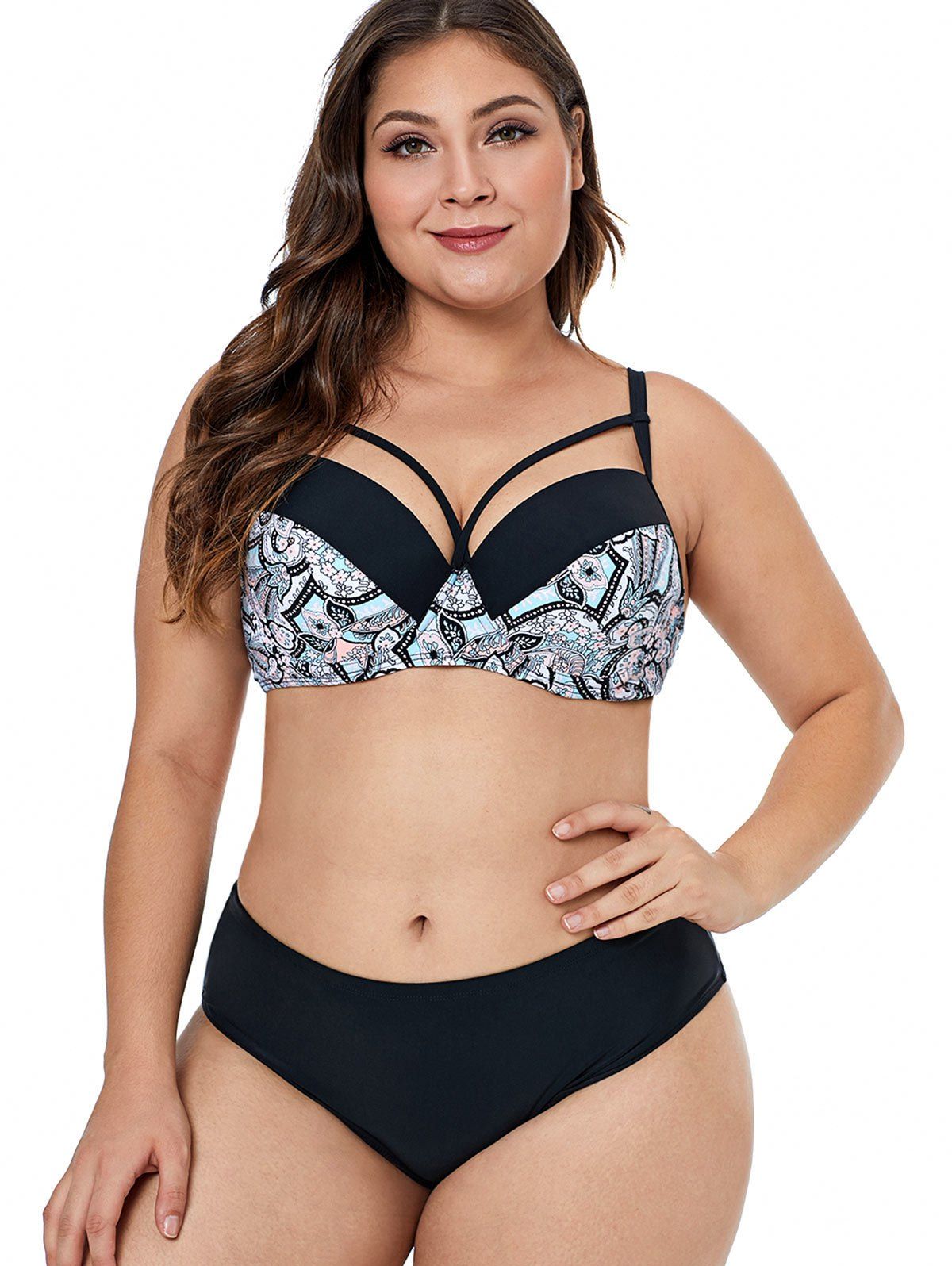 

Plus Size Underwire Printed Bikini Set, Black
