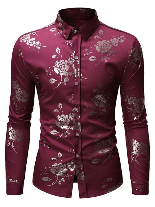 

Peony Printed Casual Long Sleeves Shirt, Red wine