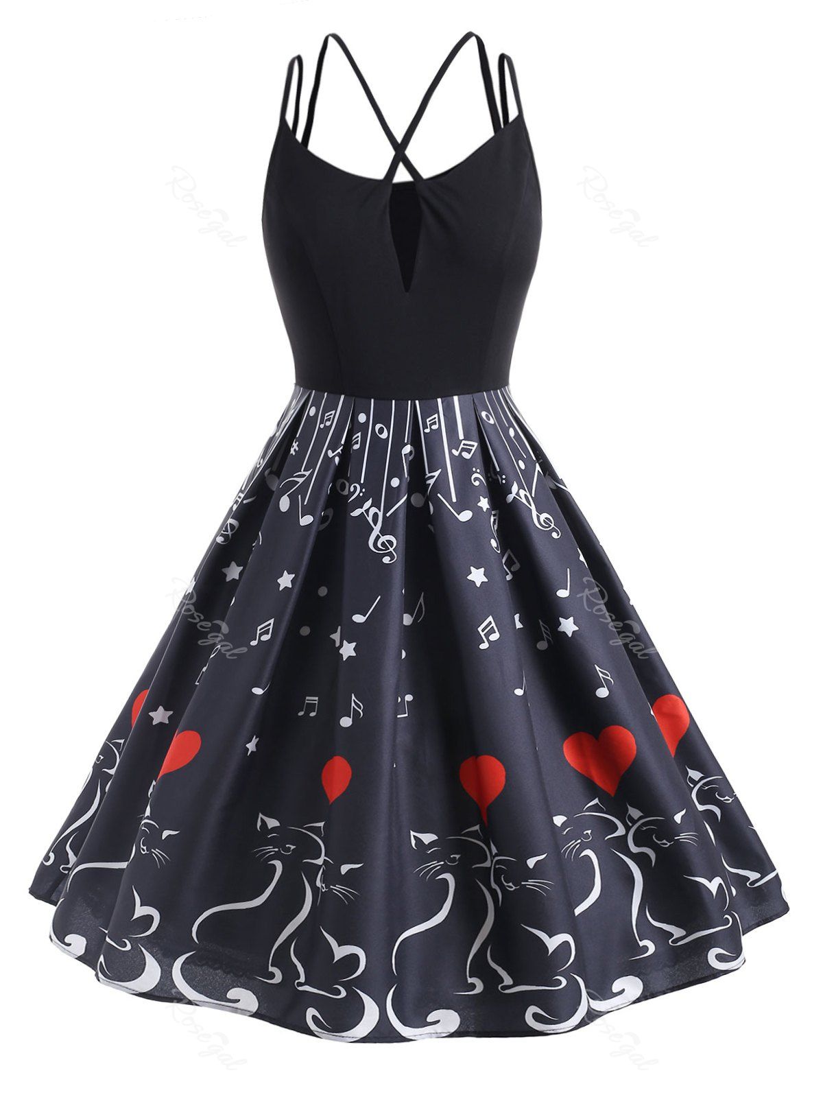 

Plus Size Music Notes Print Keyhole A Line Dress, Black