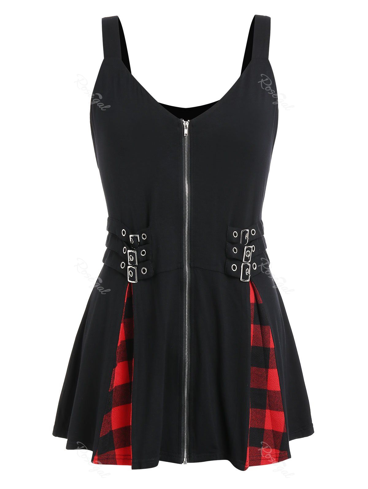 

Buckled Checked Panel Plus Size Tank Top, Black