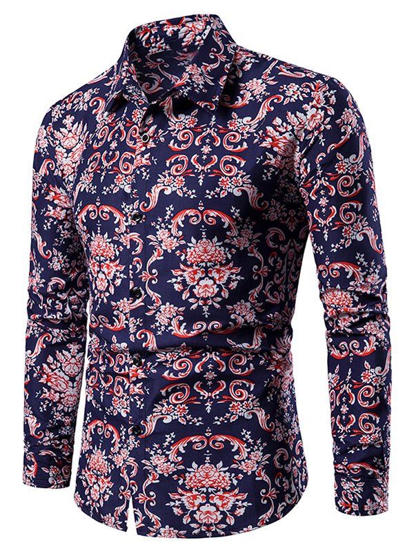 

Floral Pattern Leisure Long Sleeves Shirt, Deep blue