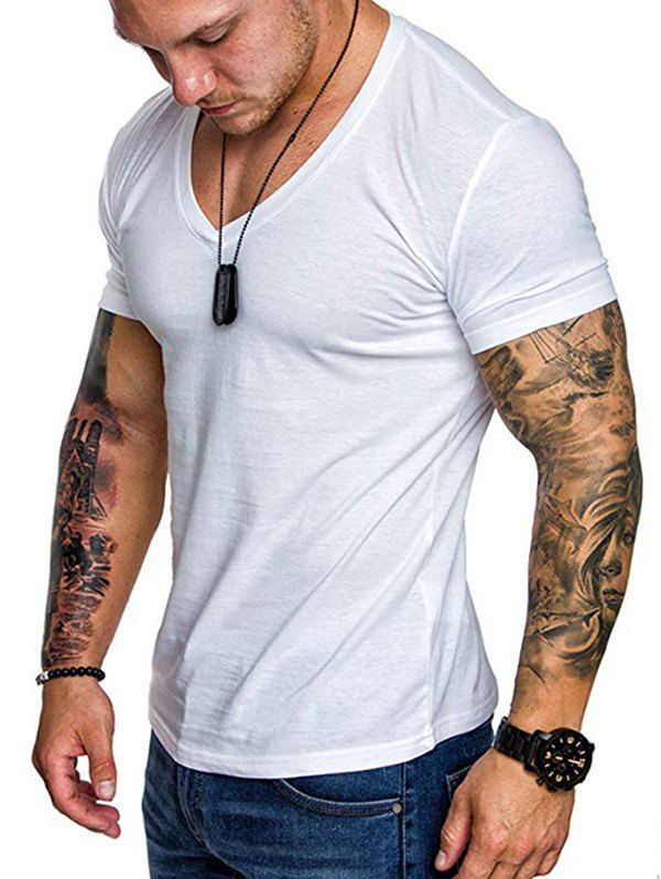 

V Neck Solid Color T Shirt, White
