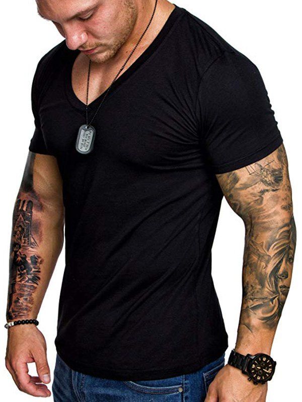 

V Neck Solid Color T Shirt, Black