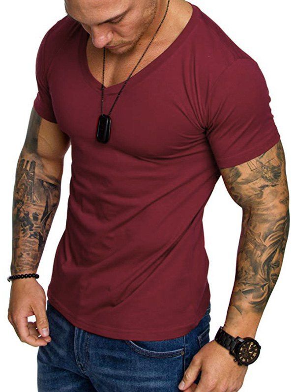 

V Neck Solid Color T Shirt, Red wine