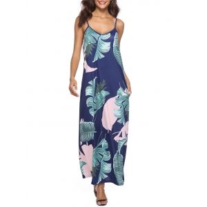 

Leaves Print Maxi Beach Dress, Deep blue