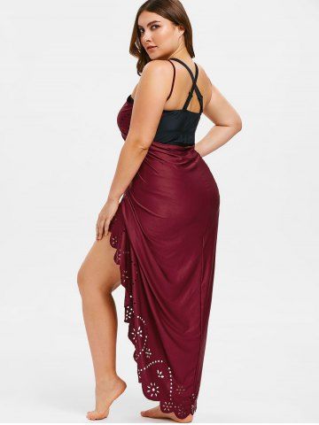 

Plus Size Laser Cut Maxi Cover Up Wrap Dress, Red wine