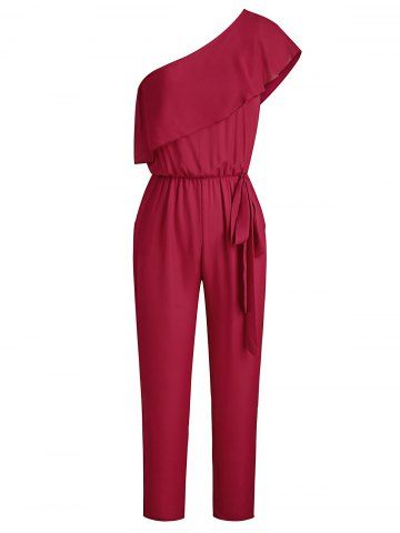 

One Shoulder Flounce Chiffon Jumpsuit, Red wine