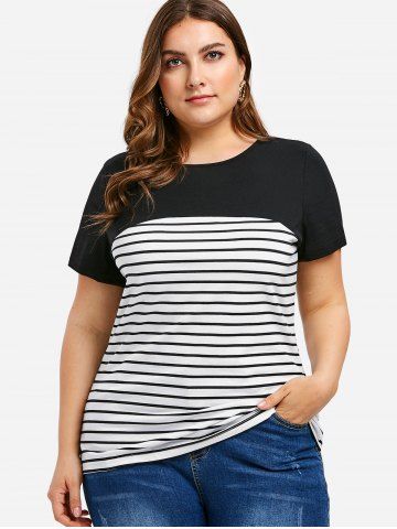 

Striped Panel Button Embellished Plus Size T-shirt, Black