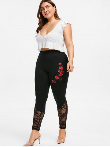 

Floral Applique Lace Ankle Plus Size Leggings, Black