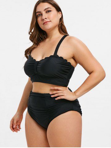 

High Waist Scalloped Criss Cross Bikini Set, Black