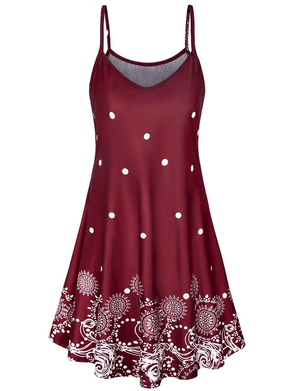 

Dotted Printed Spaghetti Strap Mini Dress, Red wine