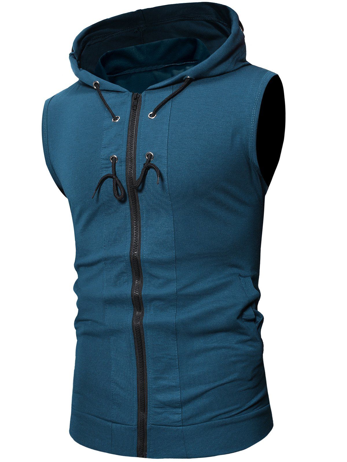 

Solid Color Drawstring Hooded Tank Top, Peacock blue