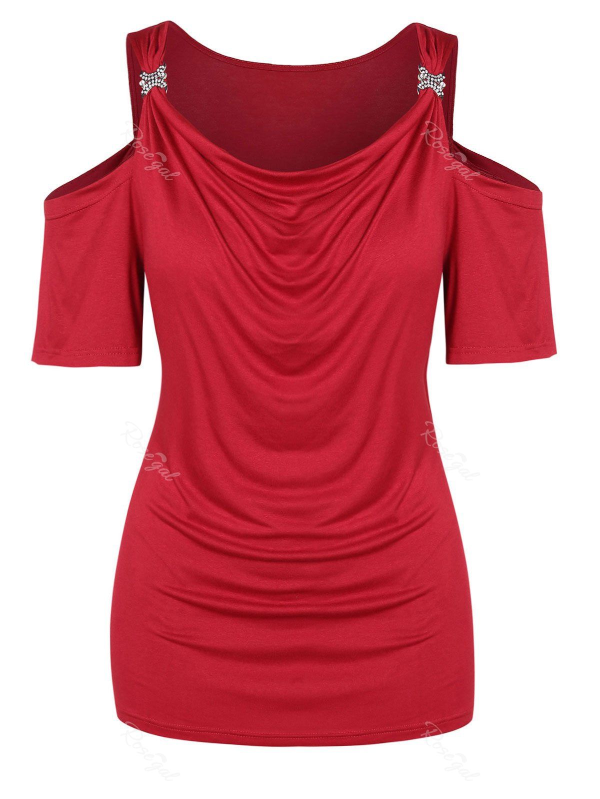 

Plus Size Cowl Collar Cold Shoulder T Shirt, Lava red