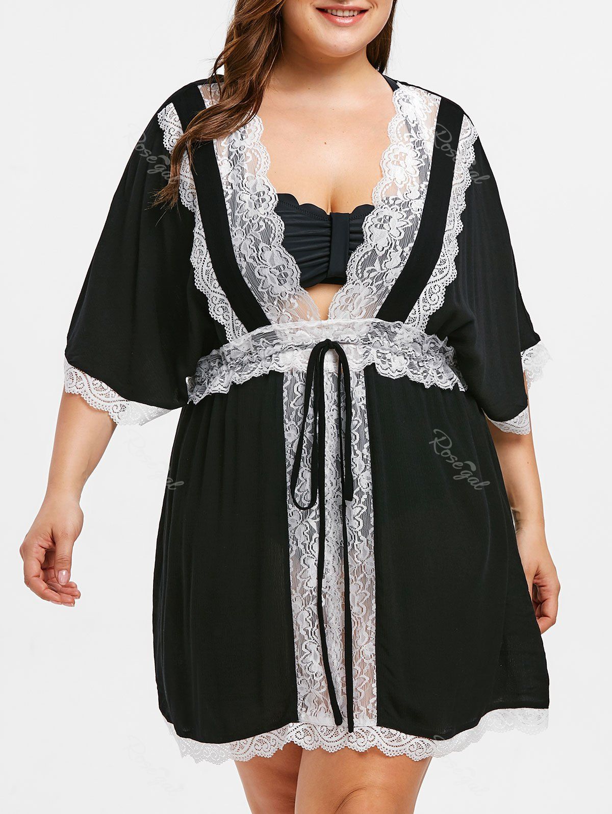 

Drawstring Plus Size Lace Panel Cover Up Dress, Black