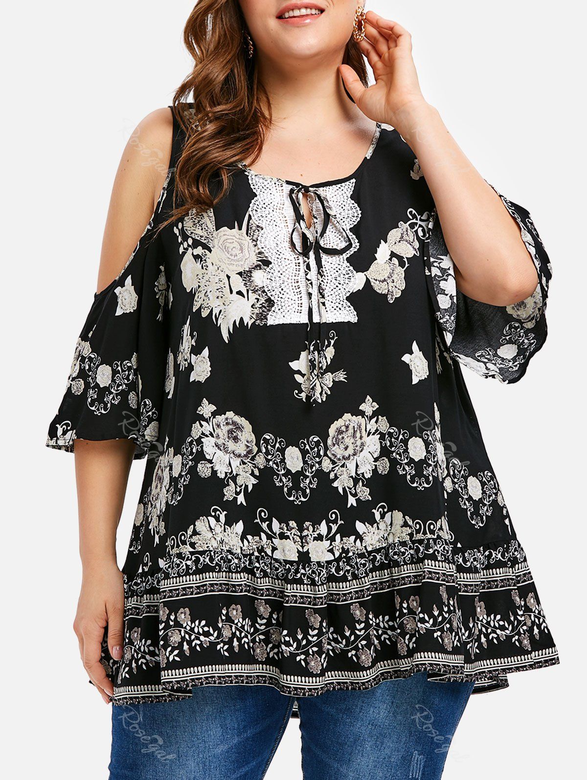 

Floral Plus Size Cold Shoulder Tunic, Black