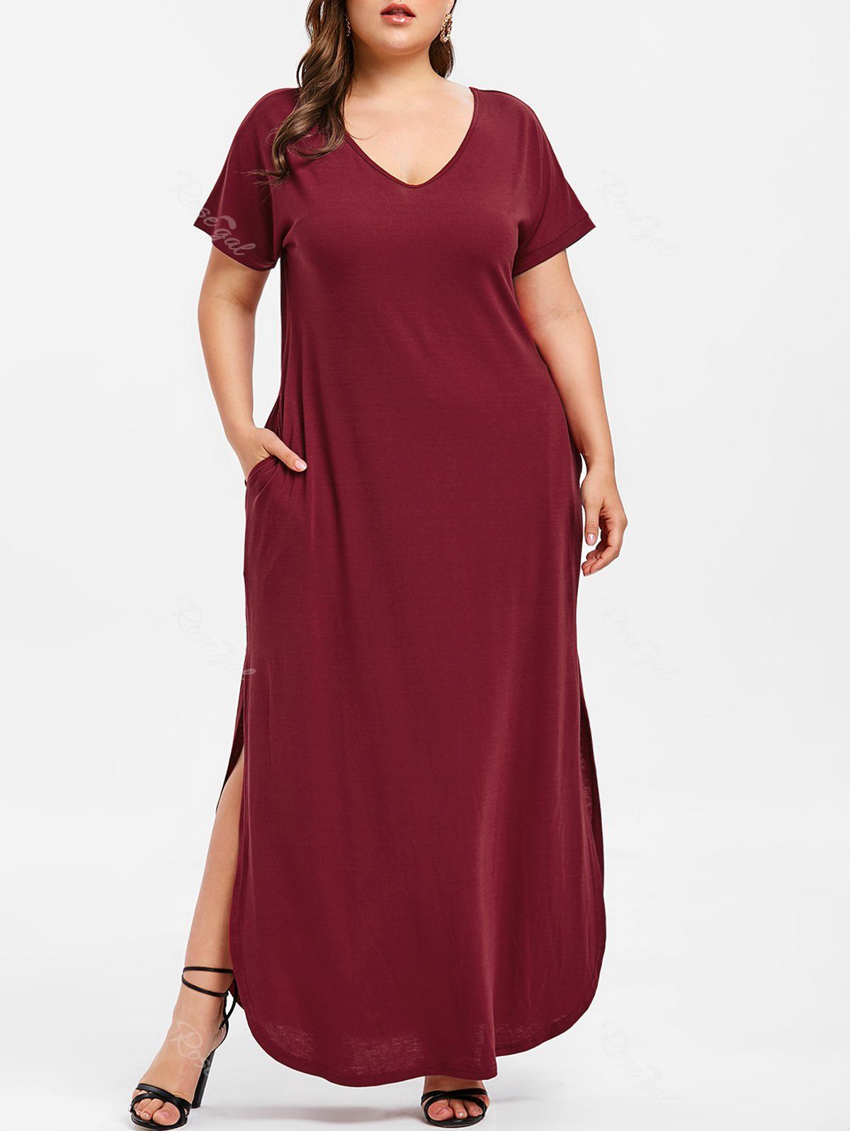 

Back Cut Out Plus Size Slit Maxi Dress, Red wine