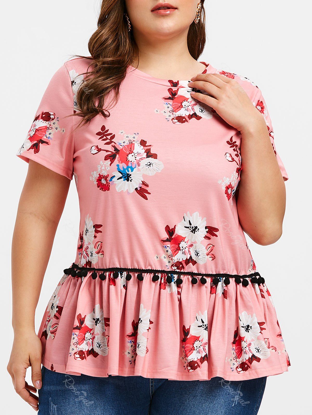 

Floral Pompoms Ruffles Plus Size Top, Watermelon pink