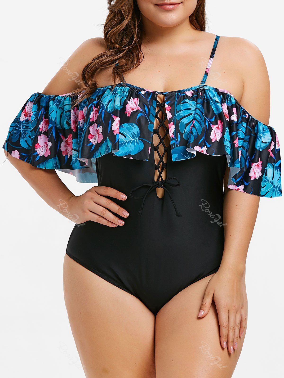 

Cut Out Plus Size Flounce Flower Swimsuit, Multi-a