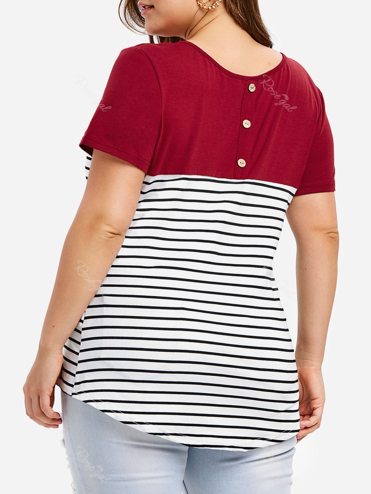 

Striped Panel Button Embellished Plus Size T-shirt, Red wine
