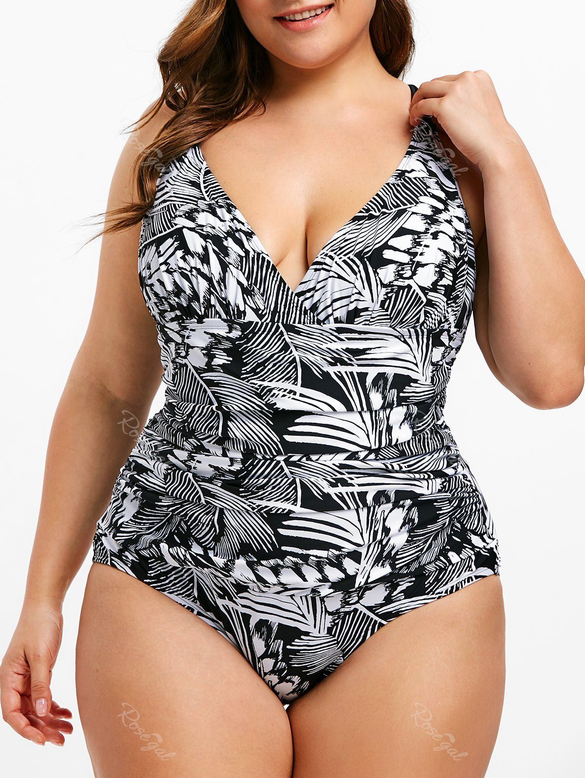 

Strappy Leaves Print Plus Size Swimsuit, Black