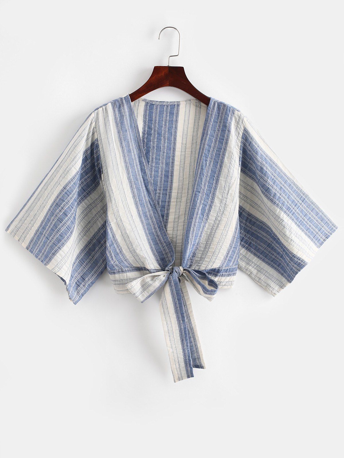 

Half Sleeve Striped Bowknot Blouse, Light blue