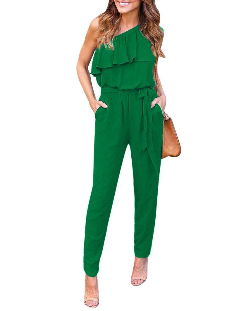 

One Shoulder Flounce Chiffon Jumpsuit, Medium sea green