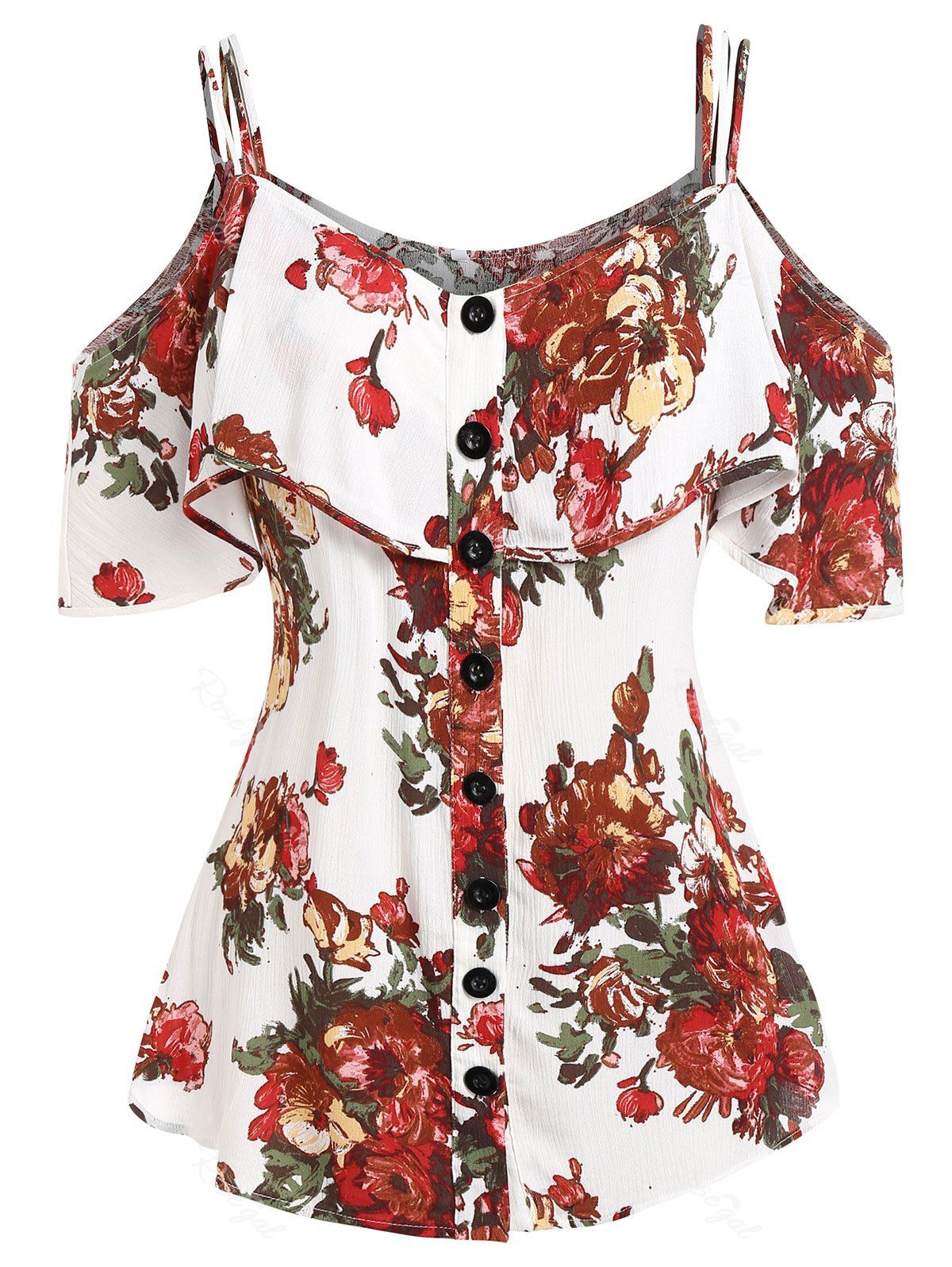 

Plus Size Cold Shoulder Button Up Blouse, Multi