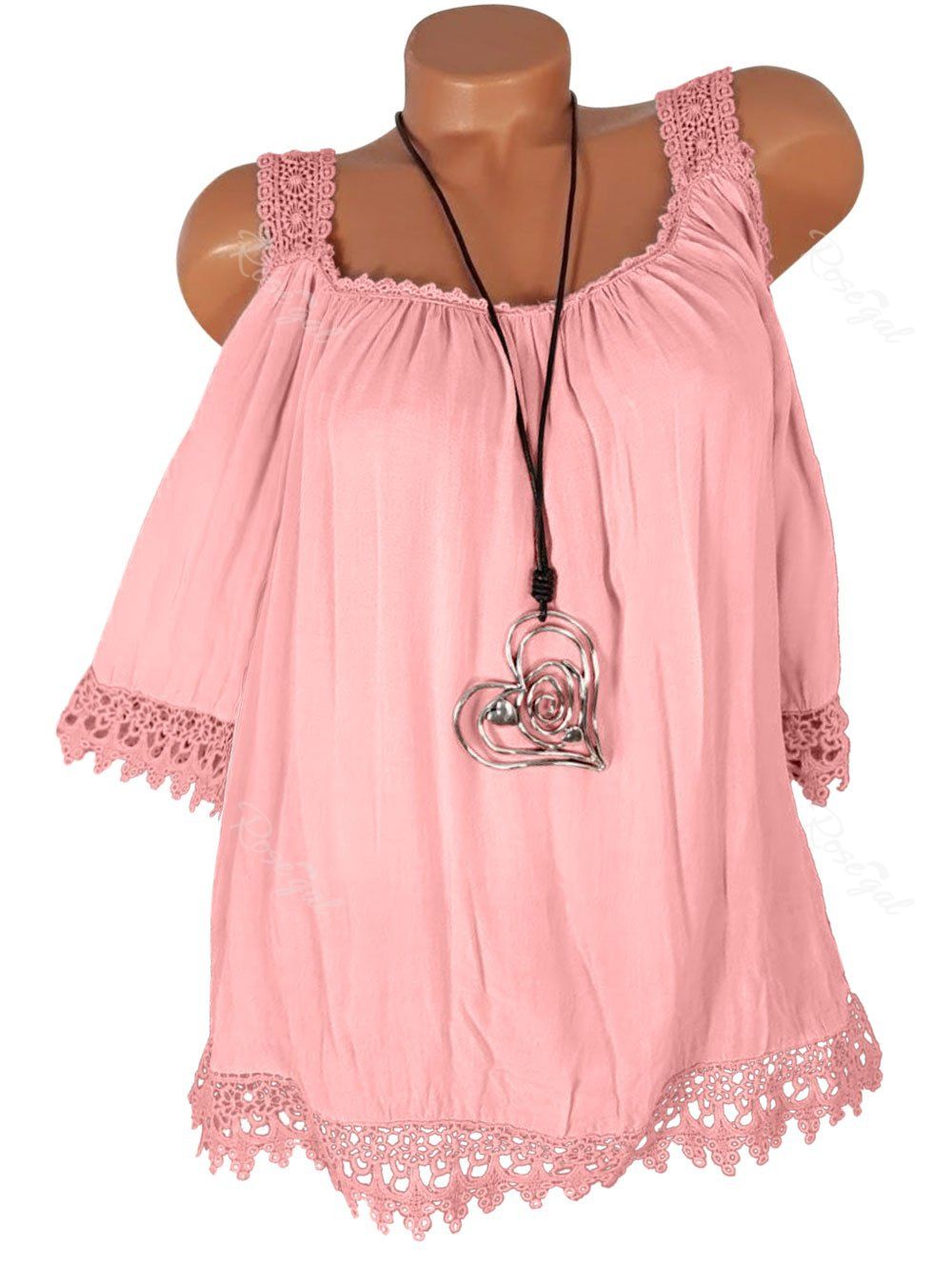 

Plus Size Lace Trim Cold Shoulder Blouse, Pink
