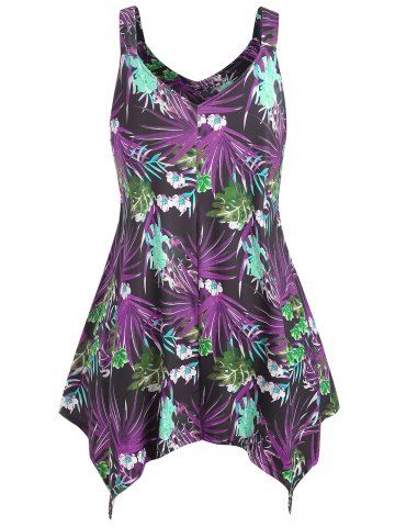 

Floral and Leaf Plus Size Asymmetrical Tank Top, Purple