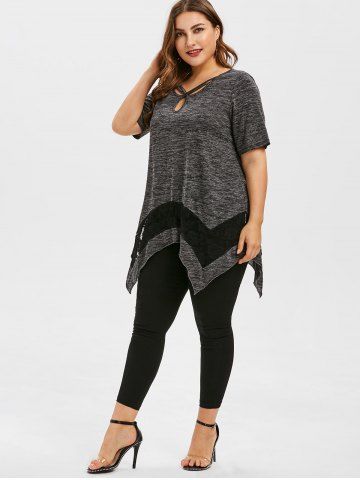 

Plus Size Asymmetrical Lace Panel Keyhole T Shirt, Smokey gray