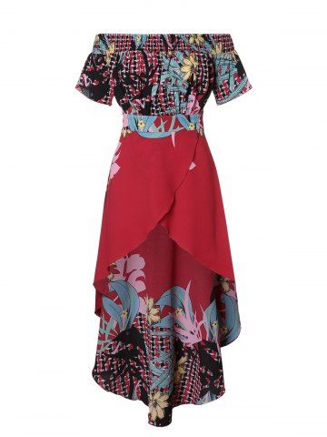

Plus Size High Low Off Shoulder Print Top, Red wine