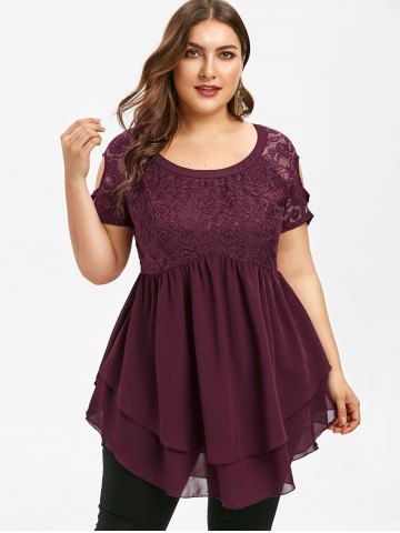 

Lace Insert Plus Size Short Sleeve Blouse, Red wine