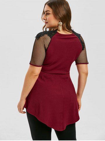 

Plus Size Lace Insert Sheer Tunic T Shirt, Red wine