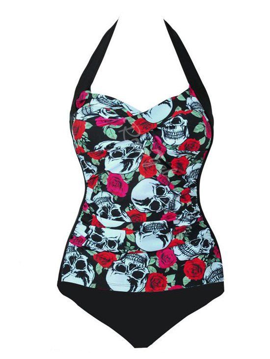

Plus Size Halter Skull Floral Print Swimwear, Black
