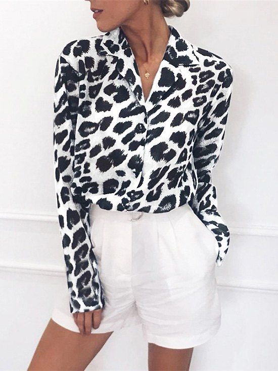 

Lapel Collar Leopard Print Button Shirt, White