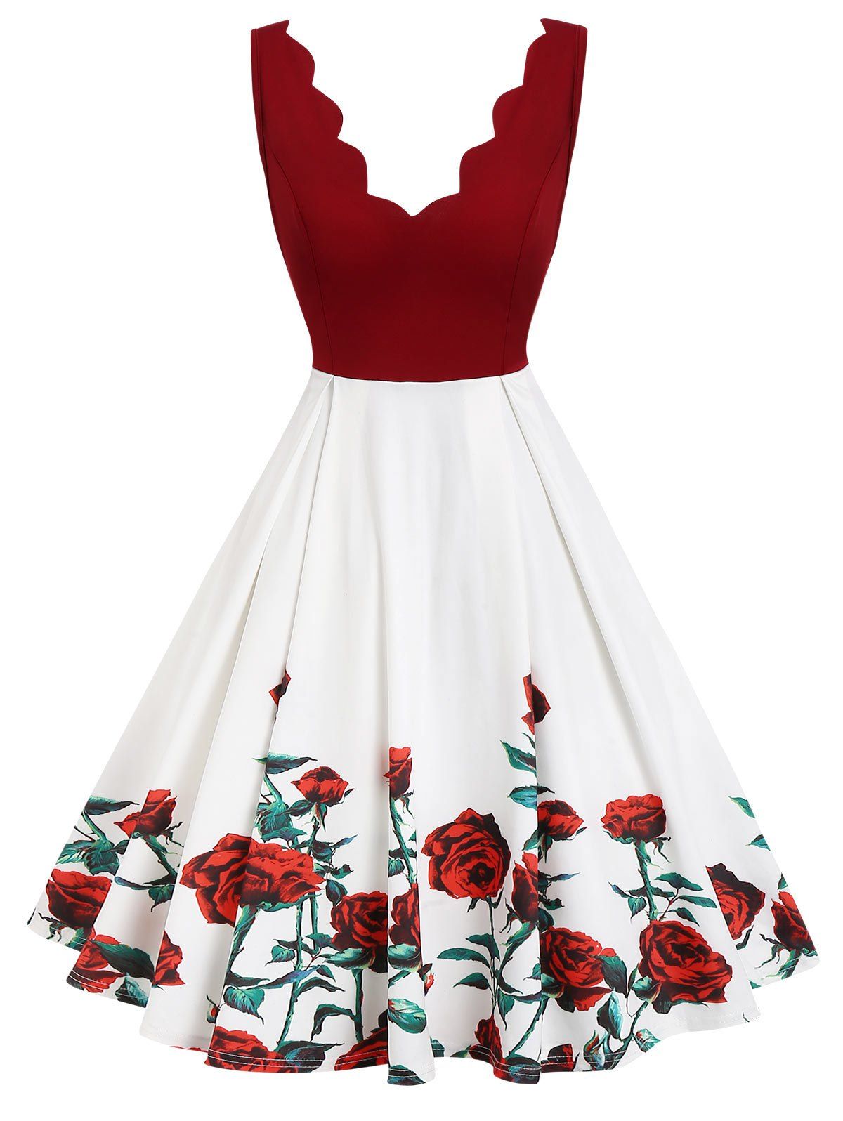 

Plunge Scalloped Floral A Line Dress, White