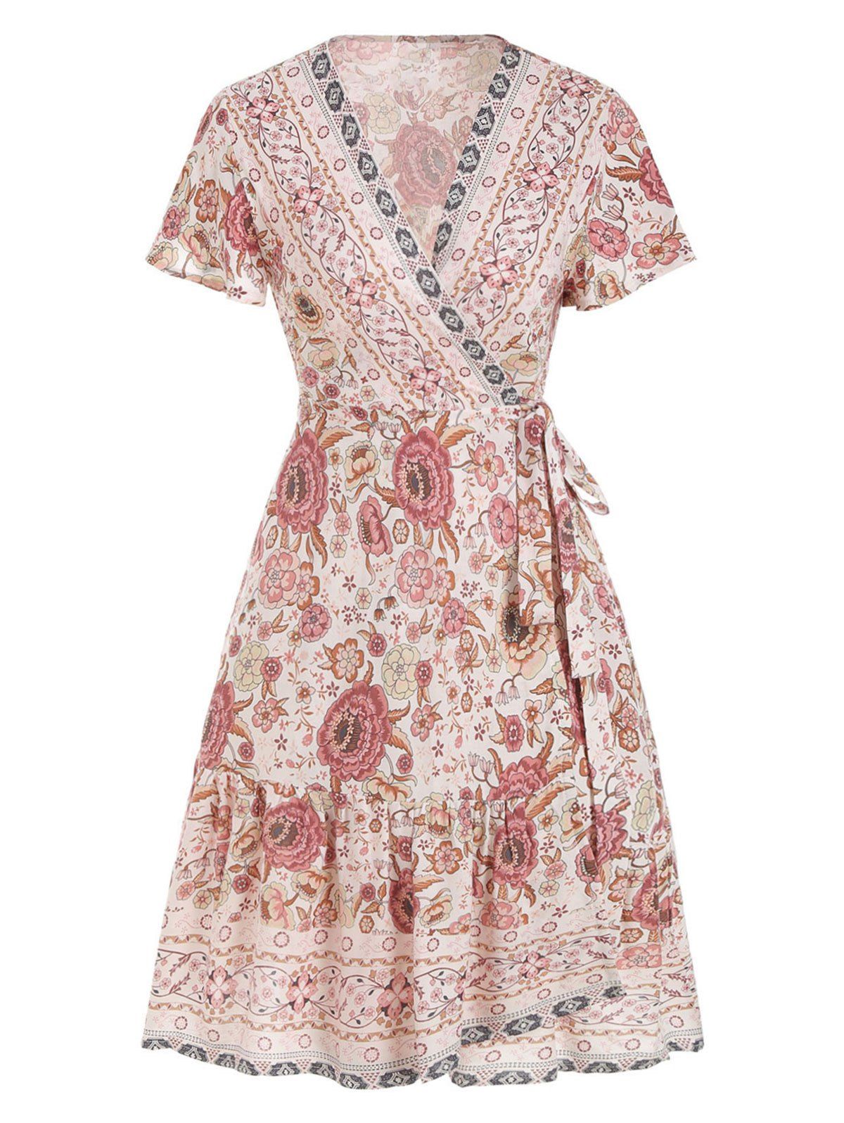 

Plunge Neck Floral Print Wrap Dress, Milk white