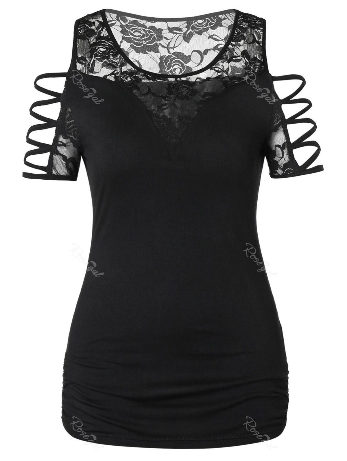 

Plus Size Criss Cross Lace Panel T Shirt, Black
